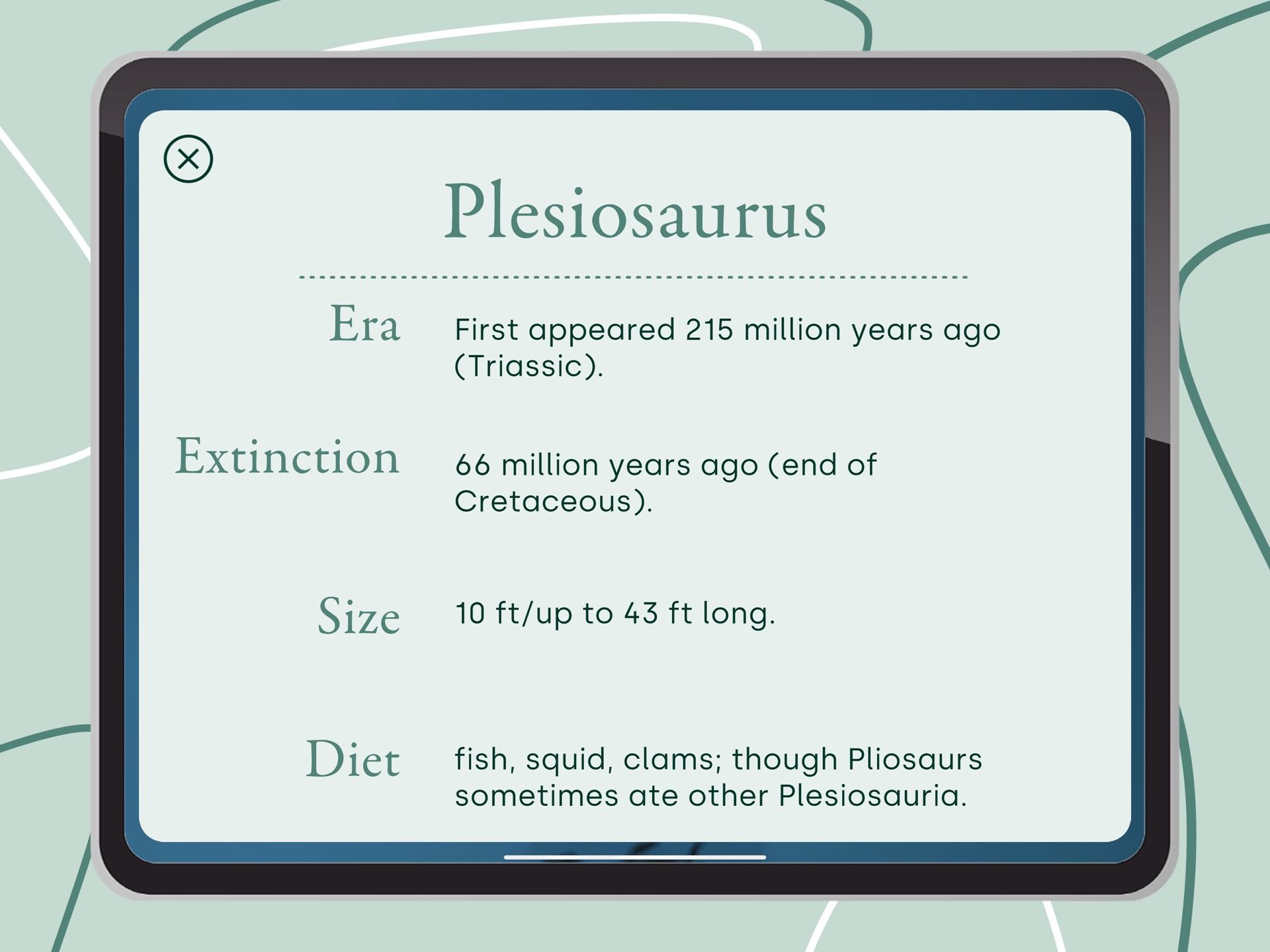 App about dinosaurs. Screen with information about Plesiosaurus. Augmented reality app