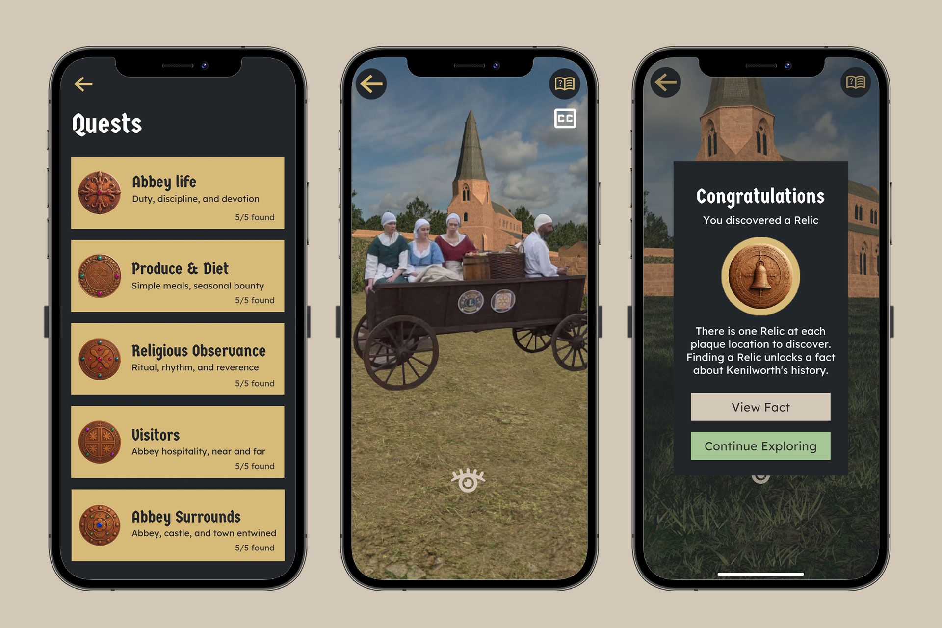 Kenilworth Revealed app screens. AR Trails and gamification