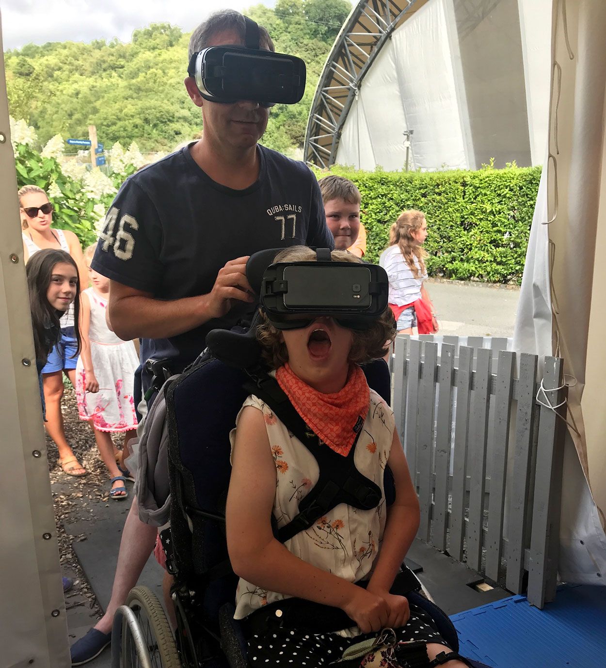 Wheelchair user using VR experience at Eden Project