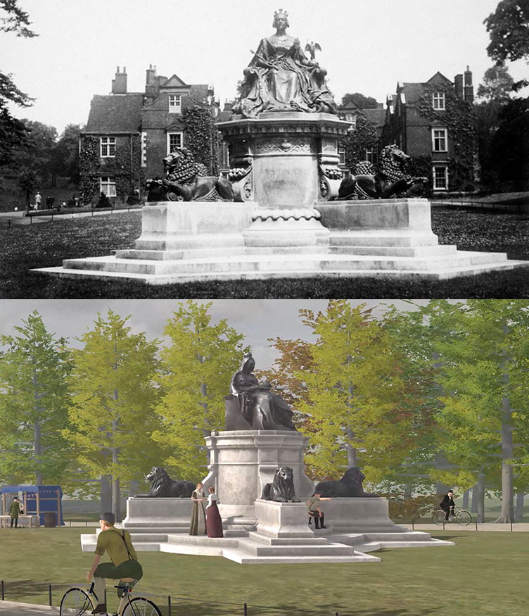 Two images. Top image: old black and white photograph of Queen Victoria Statue in Ipswich. Bottom image: 3d digital model reconstruction