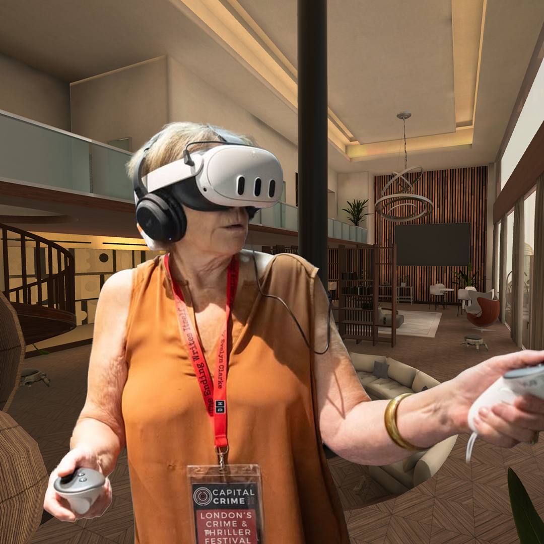 Woman with a VR headset at Capital Crime event for the launch of Artificial Wisdom novel by by Thomas R. Weaver