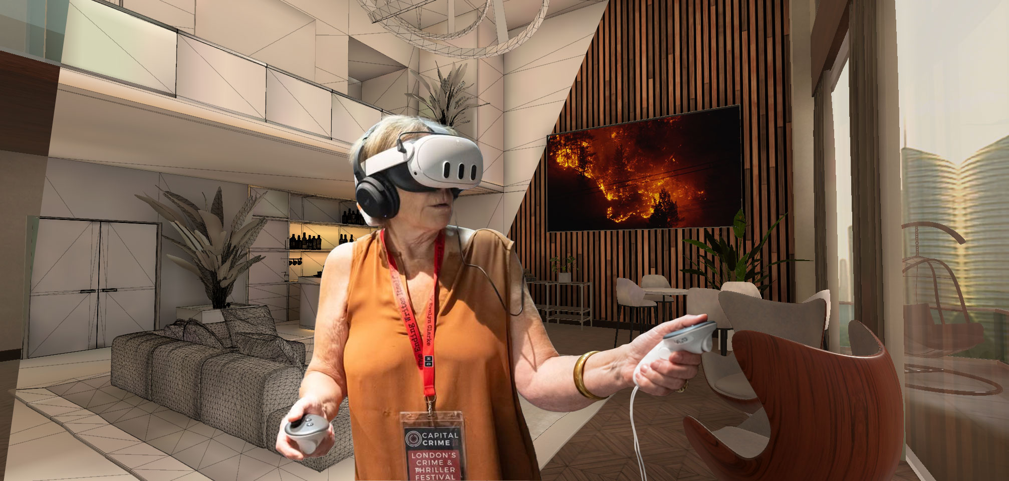 Woman wearing a VR headset. Digital background of a living room for Artificial Wisdom book launch