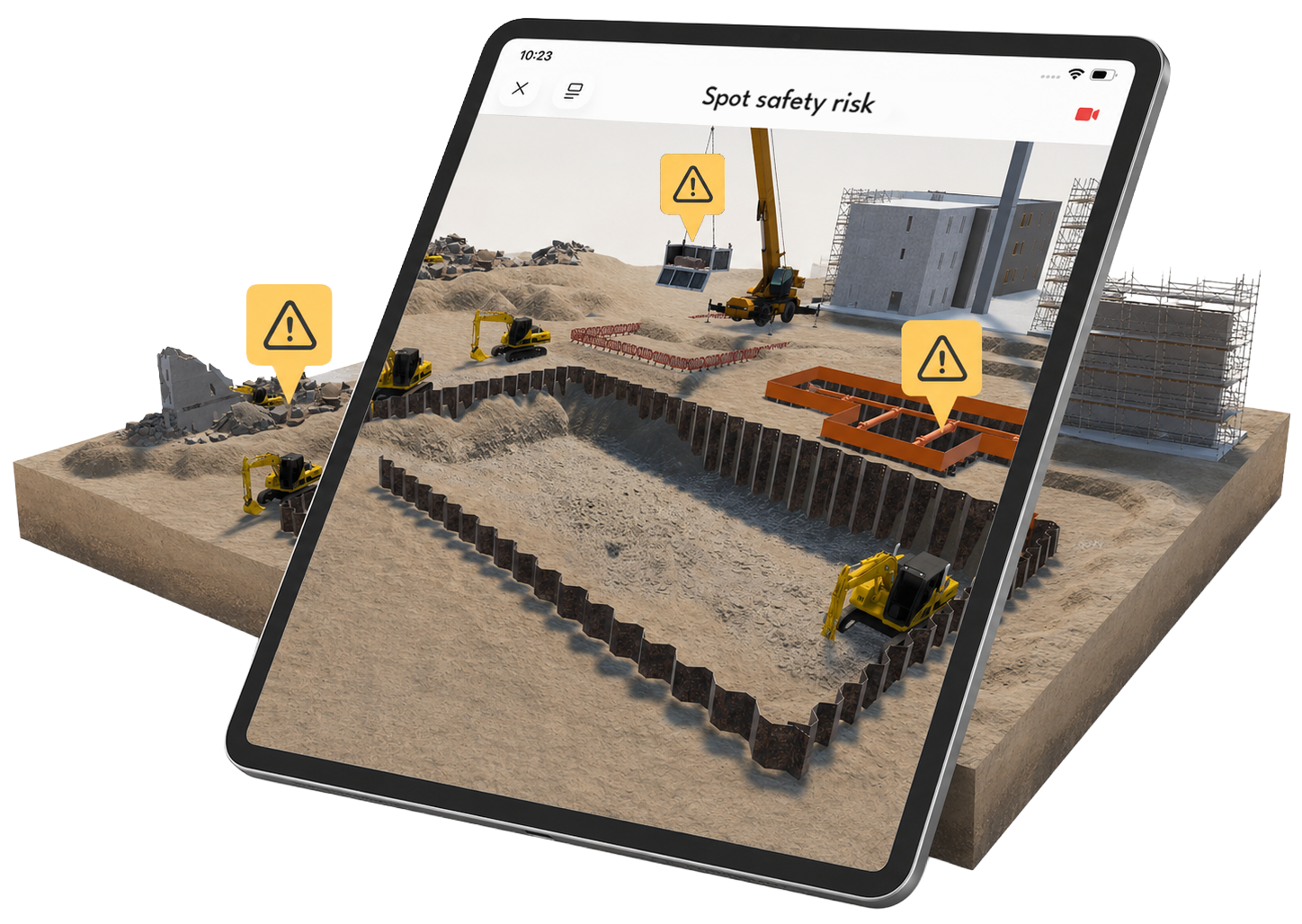Tablet displaying an augmented-reality construction site model with warning icons highlighting potential safety risks.