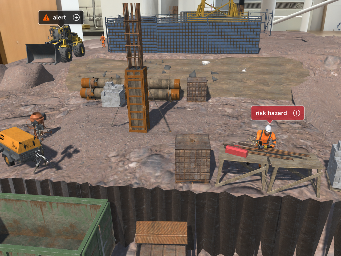 Augmented Reality model of a construction site with AR label indicating possible dangerous situations