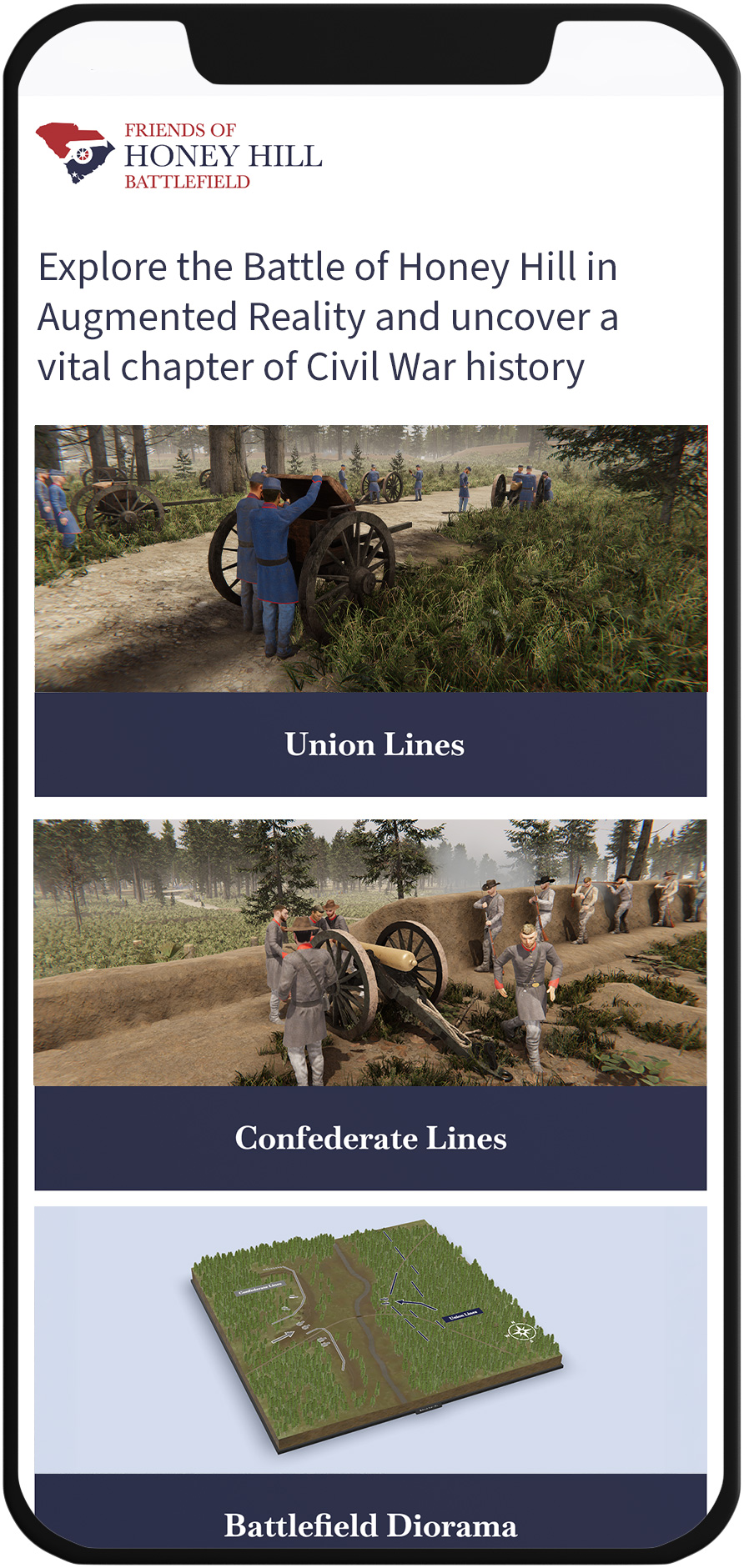 Honey Hill WebAR main menu screen