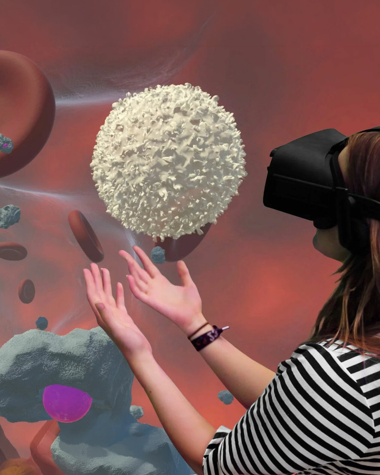 Woman wearing VR headset immerse in Digital Blood Stream, looking at a cell